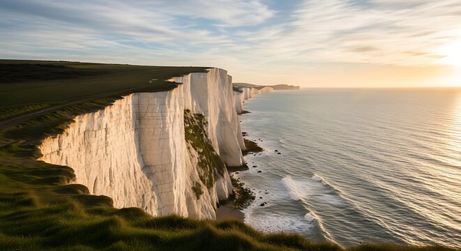 Stunning sunset over the iconic Seven Sisters cliffs in England, with golden light illuminating the white chalk cliffs and the calm sea.