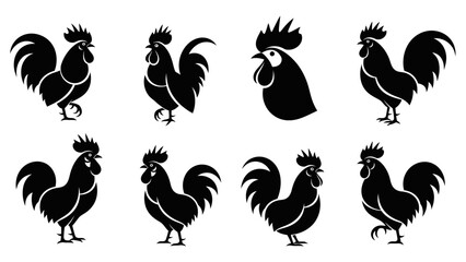 Set of stylish black rooster silhouettes illustrating farm animals and poultry designs