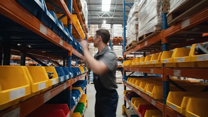 Warehouse worker organizing inventory on shelves, ensuring efficient stock management and supply chain operations inside a busy distribution center