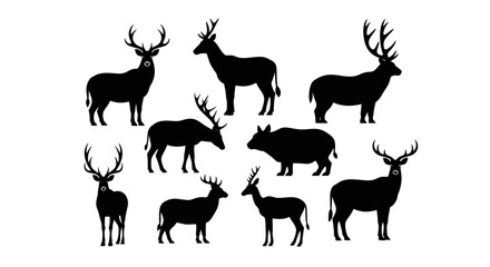 Silhouette Collection of Wildlife Animals Featuring Deer and a Wild Boar Isolated on White