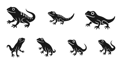 Black and white vector illustration featuring stylized cartoon gecko designs in various poses for