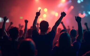 Crowd gathering with raised hands in defiant gesture. Neural network AI generated. High quality