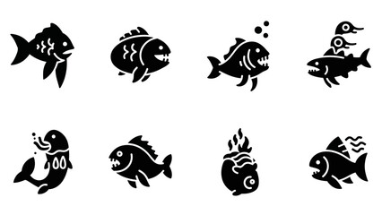 Black and white vector illustration of various whimsical fish and aquatic creatures graphic design