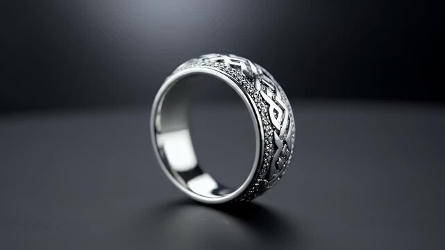 Ornate Silver Ring With Intricate Tribal Patterns And Etched Details On Dark Textured Surface Studio Lighting