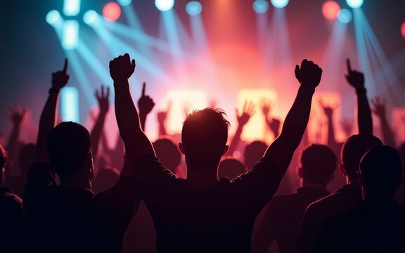 Crowd gathering with raised hands in defiant gesture. Neural network AI generated. High quality