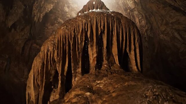 Focusing on the intricate details and varied textures of a stalagmite's surface, from smooth, wet sections to rough, layered calcifications. Macro perspective of natural patterns.