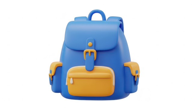 Cute 3d rendering of a blue and yellow backpack isolated on transparent background, perfect for school or travel concept illustration - Powered by Adobe