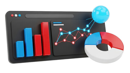 3d rendering of a dark dashboard interface displaying business analytics with bar chart, line graph, and donut chart isolated on transparent background