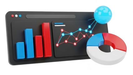 3d rendering of a dark dashboard interface displaying business analytics with bar chart, line graph, and donut chart isolated on transparent background