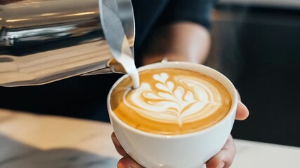Barista skillfully pouring steamed milk creating perfect tulip latte art design into a fresh espresso beverage for morning coffee service - Powered by Adobe
