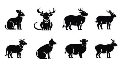 Variety of black silhouette vector illustration of animal species on white background