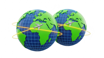 Two 3d globes representing worldwide travel and international flight routes with airplane icons, isolated on transparent background