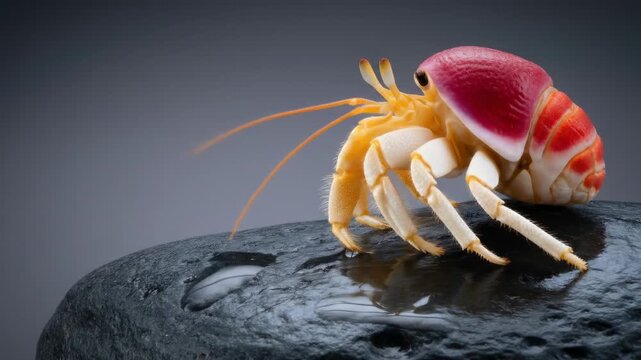 A vibrant hermit crab with a red shell and yellow body rests on a wet, dark stone
