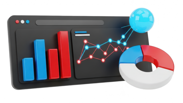 3d rendering of a dark dashboard interface displaying business analytics with bar chart, line graph, and donut chart isolated on transparent background