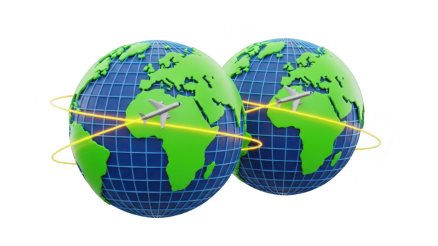 Two 3d globes representing worldwide travel and international flight routes with airplane icons, isolated on transparent background