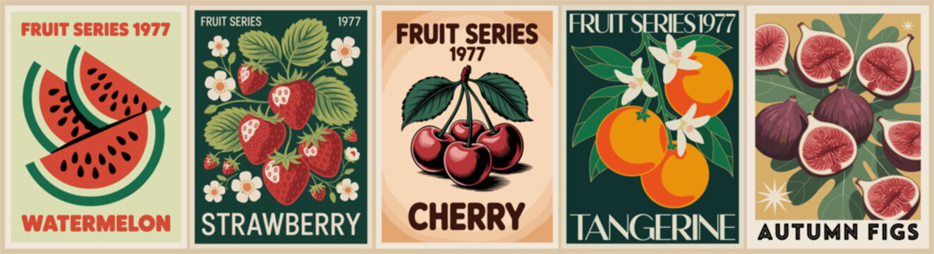 Vintage 1977 fruit poster series featuring watermelon, strawberry, cherry, tangerine, and figs. Retro mid-century style with bold colors, clean lines, and stylized botanical illustrations