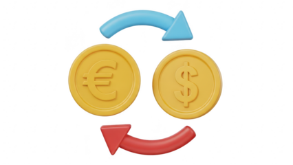 3d rendering of euro and dollar coin exchange with blue and red circular arrow symbol representing currency conversion and financial transaction isolated on transparent background