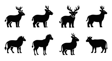 Fototapeta premium Diverse Animal Silhouettes: A Vector Collection of Deer, Zebra, and Cow Representations
