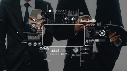 Three business professionals engage with mobile devices while surrounded by digital data overlays, showcasing modern communication and analysis in a corporate setting. Raster - Powered by Adobe