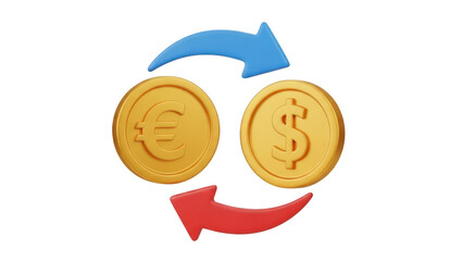 3d rendering of euro and dollar coins with circular exchange arrows symbolizing currency conversion, isolated on transparent background