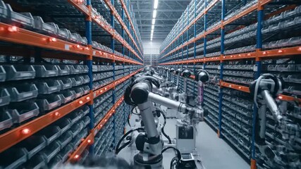 Robotic arms swiftly automate warehouse inventory tasks for streamlined order fulfillment and enhanced supply chain efficiency in this dynamic video - Powered by Adobe