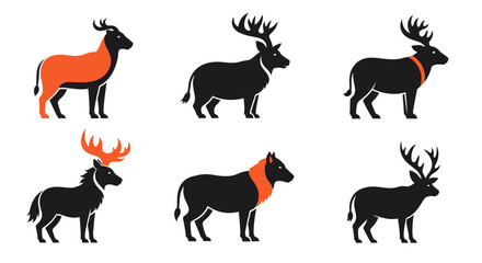 Diverse deer silhouettes in black and orange on a white background showcasing different antler