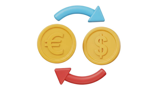 3d rendering of euro and dollar coin exchange with blue and red circular arrow symbol representing currency conversion and financial transaction isolated on transparent background