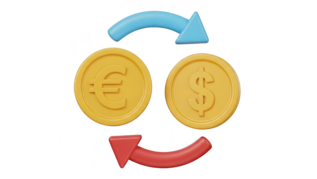 3d rendering of euro and dollar coin exchange with blue and red circular arrow symbol representing currency conversion and financial transaction isolated on transparent background