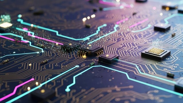 Intricate electronic circuit board with glowing data pathways, symbolizing advanced technology, digital connectivity, and the rapid flow of information in a modern, interconnected world