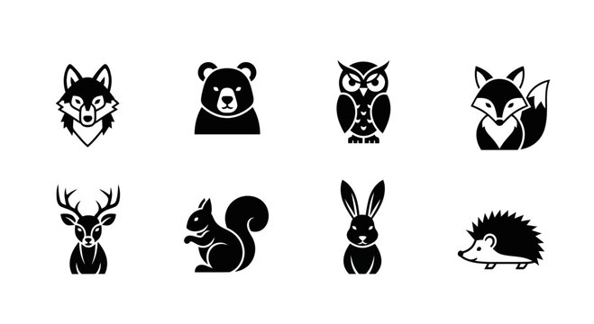 Monochrome vector icons representing forest wildlife featuring diverse animal species illustration