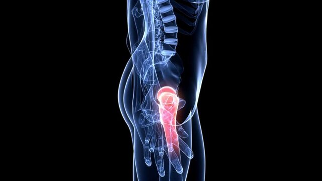 3D rendered medical animation of pain in hips and thighs Transparent Human Body with Visible Bones