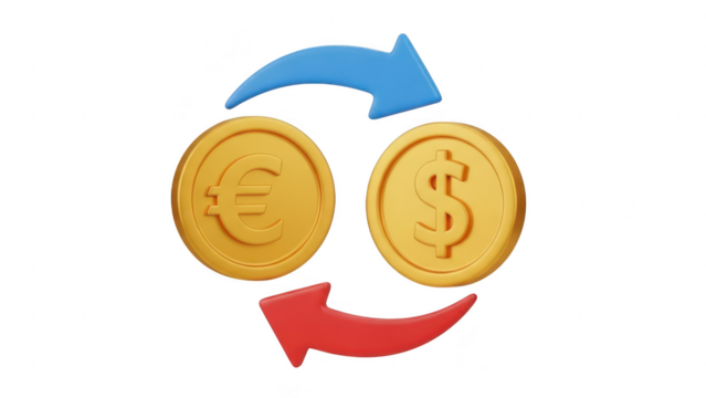 3d rendering of euro and dollar coins with circular exchange arrows symbolizing currency conversion, isolated on transparent background