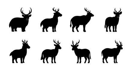 Silhouette Collection of Deer Illustrations with Various Poses and Antler Designs on White