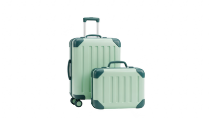 Two mint green hardshell rolling suitcases of different sizes standing together isolated on transparent background for travel concept
