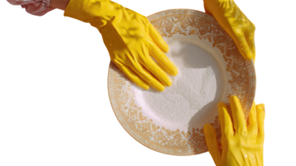 Hands wearing yellow cleaning gloves washing decorative ceramic plate with soap suds for household chores isolated on white background