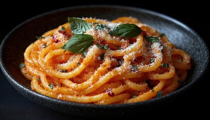 Close up of spaghetti pasta with tomato sauce and basil leaves. Perfect for food blog, menu, or social media content about Italian food.