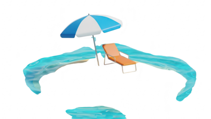 3d rendering of a beach umbrella and lounge chair floating on stylized blue water waves isolated on transparent background