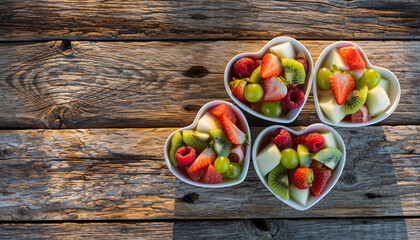 Fresh Fruit Salad in Heart-Shaped Bowls on Rustic Wooden Table A Healthy Treat