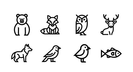 Collection of minimalist outline illustrations featuring diverse wildlife animals design
