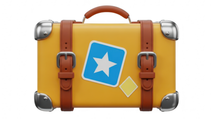 A bright yellow vintage suitcase with brown leather straps and metal corner protectors, featuring a blue star sticker, isolated on transparent background