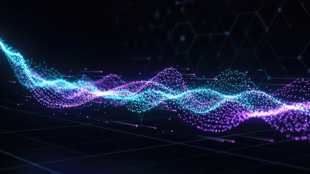 Vibrant abstract digital wave pattern of glowing purple and blue particles illustrating data flow, sound visualization, or technological connection in a dark, high-tech environment