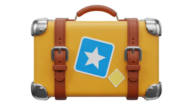 A bright yellow vintage suitcase with brown leather straps and metal corner protectors, featuring a blue star sticker, isolated on transparent background