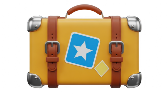 A bright yellow vintage suitcase with brown leather straps and metal corner protectors, featuring a blue star sticker, isolated on transparent background