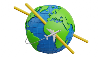 3d rendering of a white airplane flying around a stylized globe with yellow travel routes, isolated on transparent background