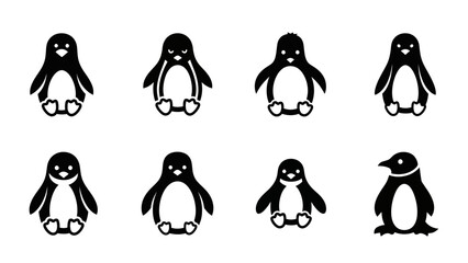 Collection of eight adorable penguin icons in simple black and white vector design