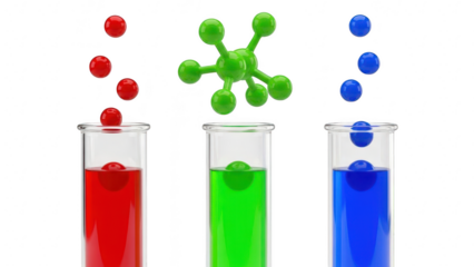 Three test tubes with red, green, and blue liquid reacting to falling spheres and a molecule structure, isolated on transparent background