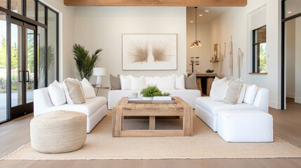 Fototapeta premium White modern living room with rustic wood beams and soft boho decor, bright serene interior