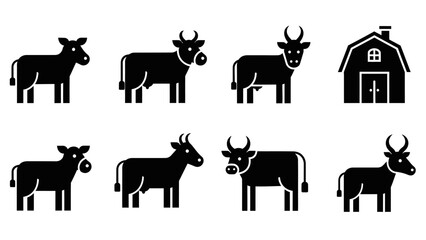 Minimalist farm animal icons featuring stylized cows and a barn in a vector format