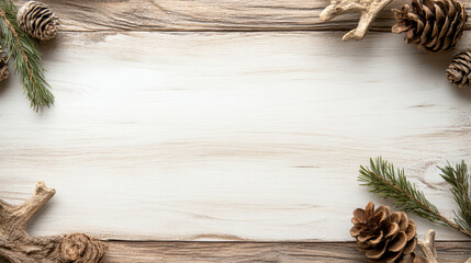 Obraz premium Rustic wood background with pine cones and evergreen sprigs creating neutral festive frame