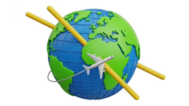 3d rendering of a white airplane flying around a stylized globe with yellow travel routes, isolated on transparent background